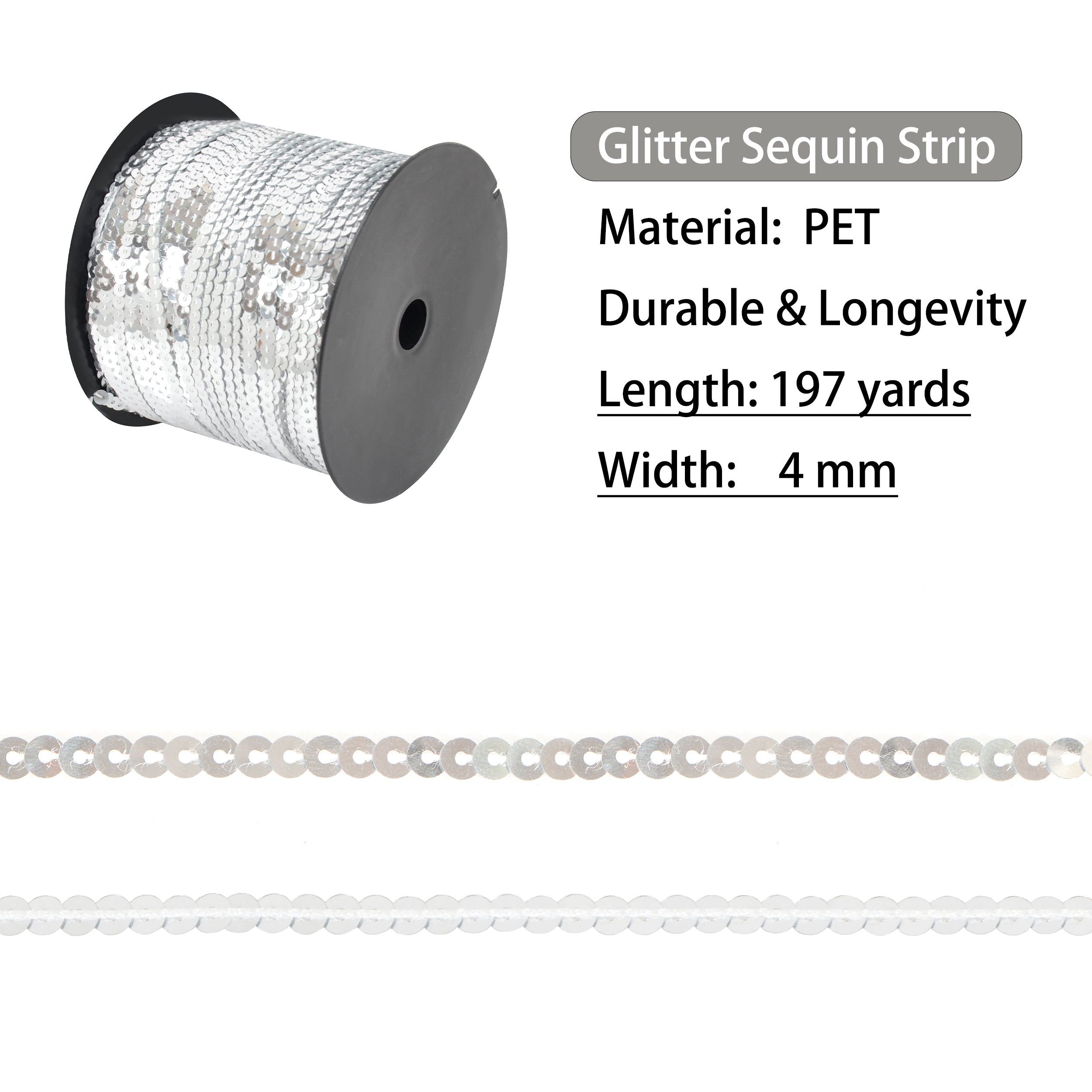 Alilang Flat Sequin Strip, 4mm String Metallic Sequin Strand, Paillette Metallic Sequin Trim Sewing String for DIY Crafts Embellishment, 197 Yards