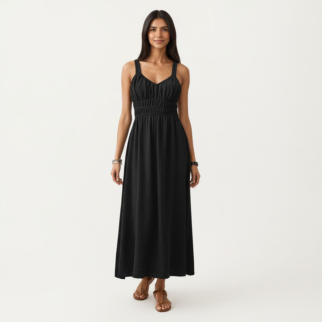 Anna-Kaci Women's Sleeveless Maxi Dress with Elastic Smocked Waist Gathered Bust Flowy A-Line Silhouette