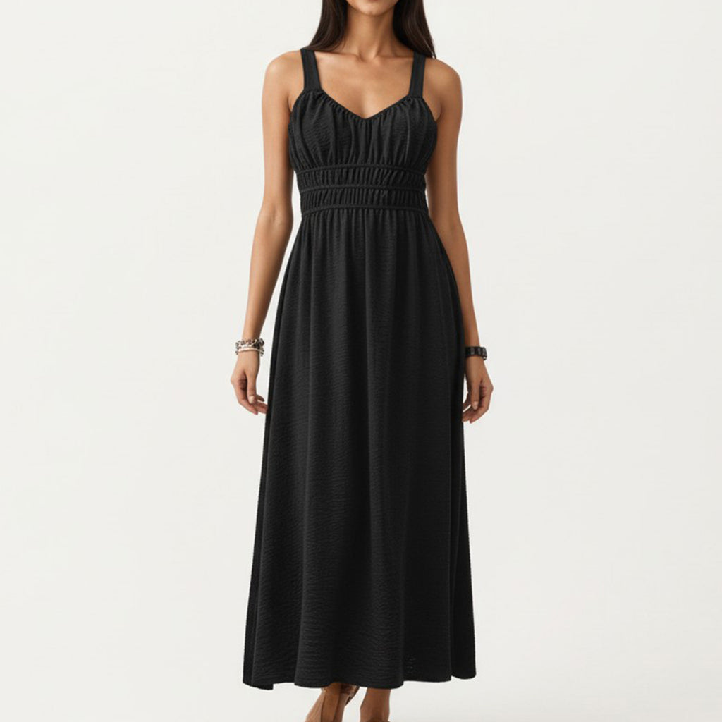 Anna-Kaci Women's Sleeveless Maxi Dress with Elastic Smocked Waist Gathered Bust Flowy A-Line Silhouette