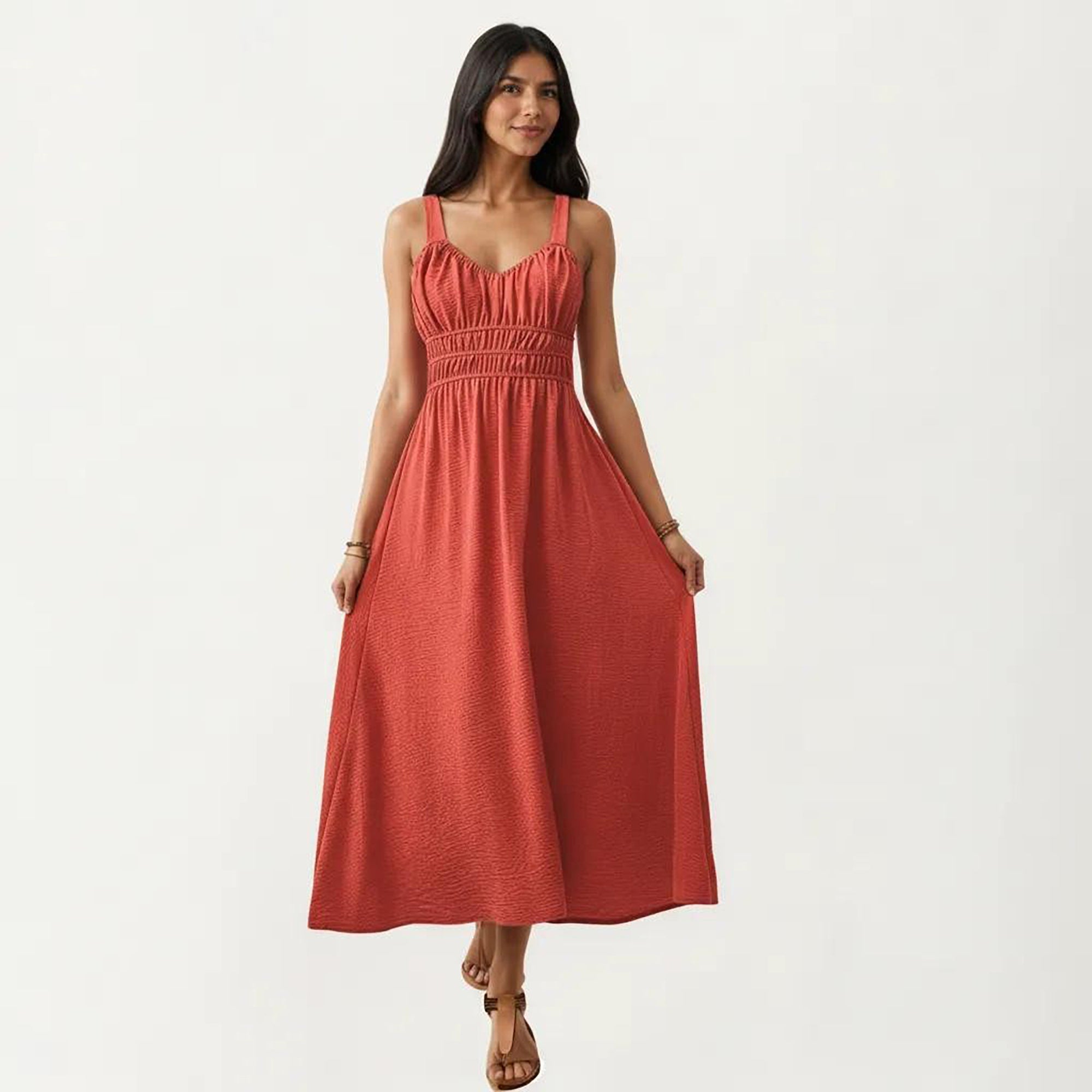 Anna-Kaci Women's Sleeveless Maxi Dress with Elastic Smocked Waist Gathered Bust Flowy A-Line Silhouette