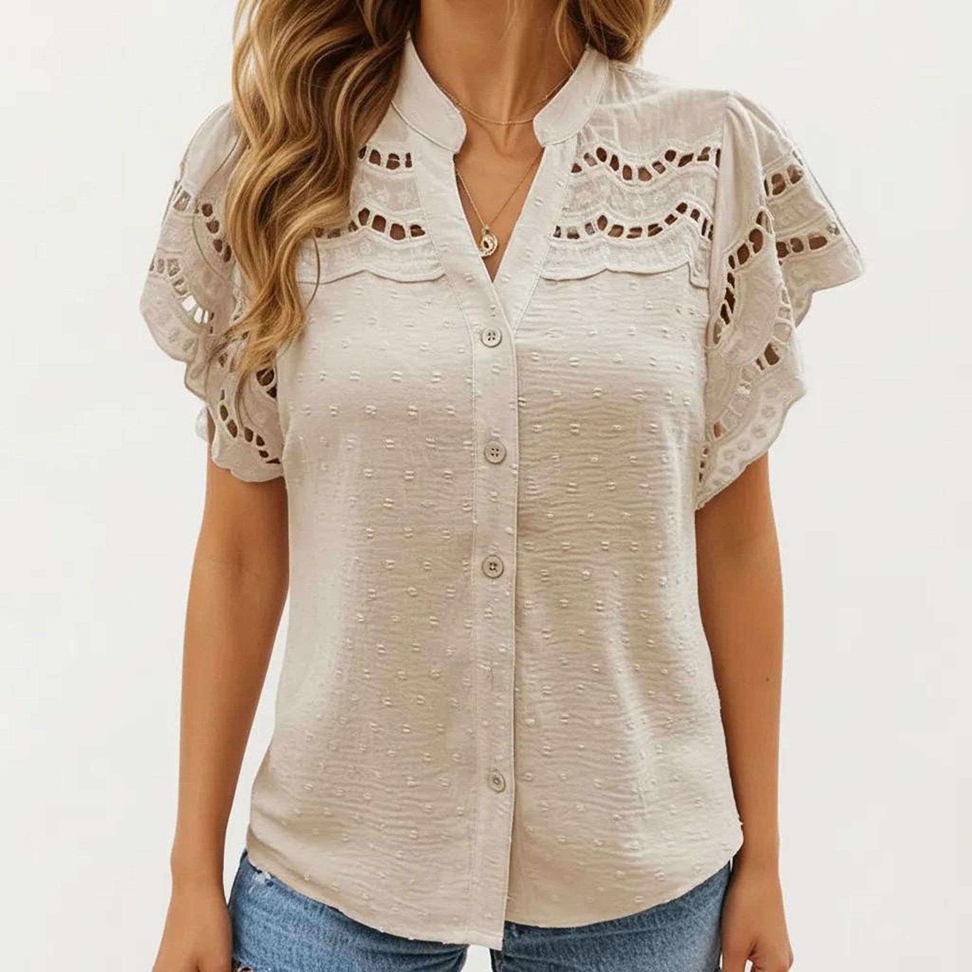 Anna-Kaci Women's Short Sleeve Button Front Blouse with Eyelet Lace Trim Flutter Sleeves Lightweight Fabric