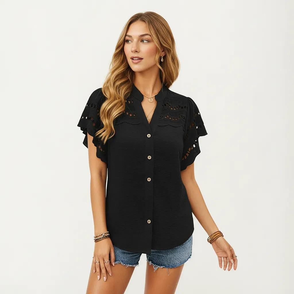 Anna-Kaci Women's Short Sleeve Button Front Blouse with Eyelet Lace Trim Flutter Sleeves Lightweight Fabric
