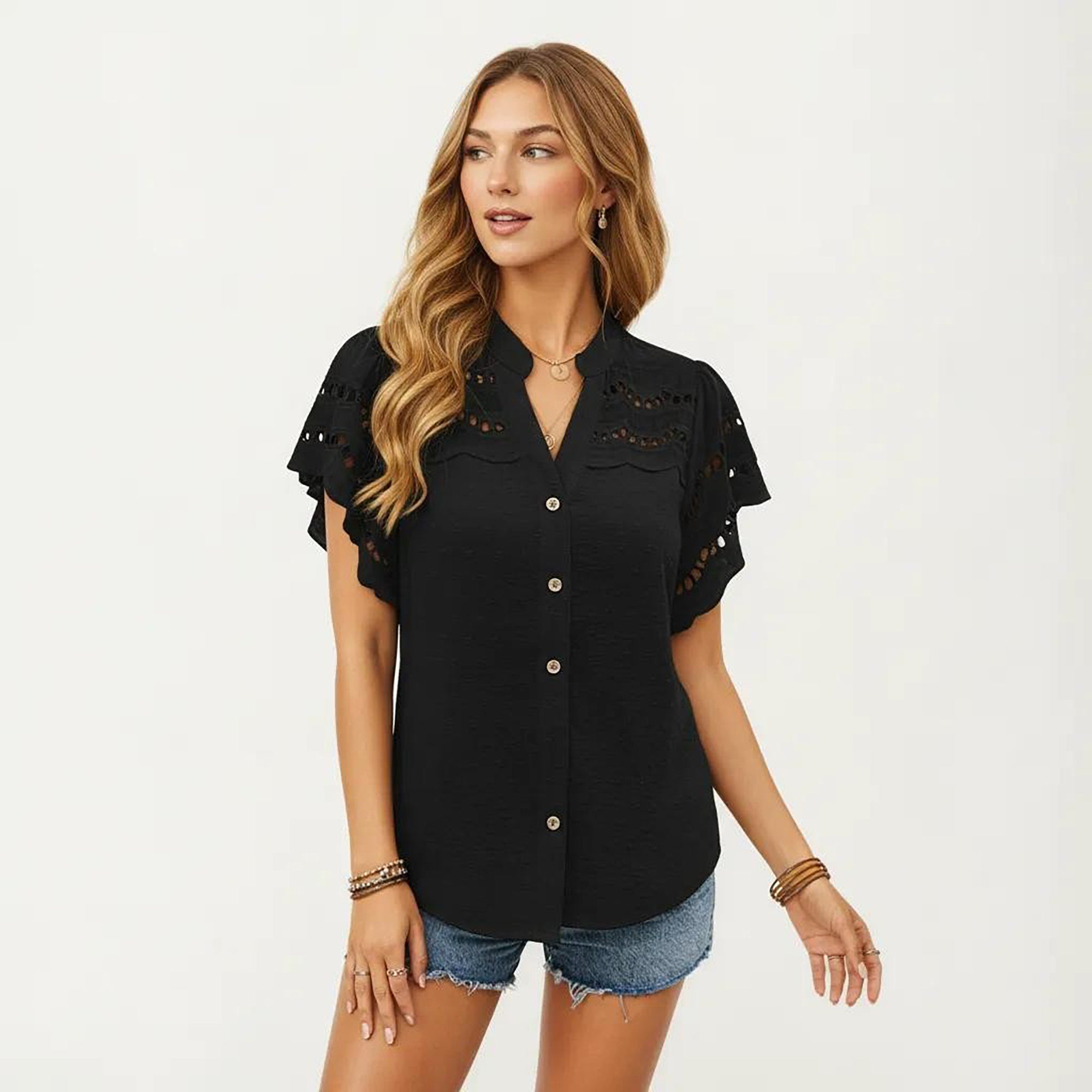 Anna-Kaci Women's Short Sleeve Button Front Blouse with Eyelet Lace Trim Flutter Sleeves Lightweight Fabric