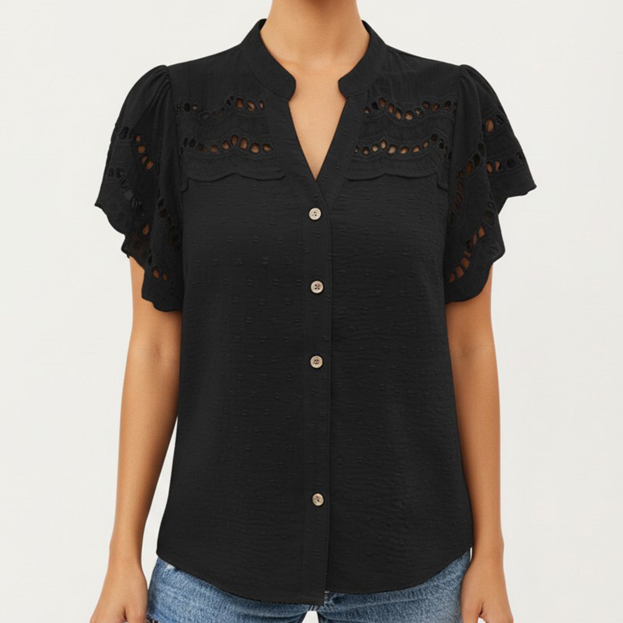 Anna-Kaci Women's Short Sleeve Button Front Blouse with Eyelet Lace Trim Flutter Sleeves Lightweight Fabric