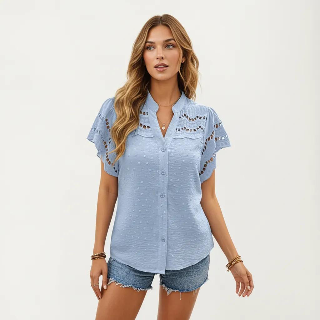 Anna-Kaci Women's Short Sleeve Button Front Blouse with Eyelet Lace Trim Flutter Sleeves Lightweight Fabric