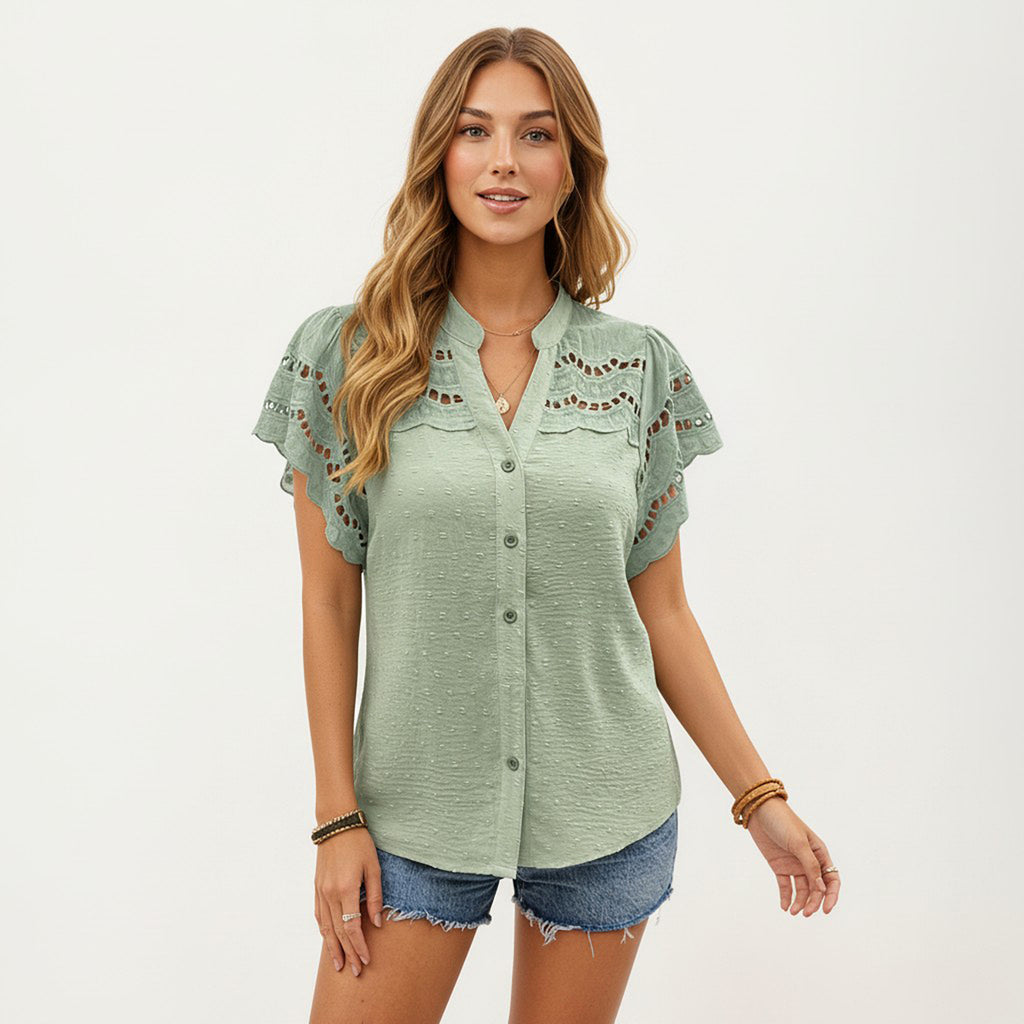 Anna-Kaci Women's Short Sleeve Button Front Blouse with Eyelet Lace Trim Flutter Sleeves Lightweight Fabric