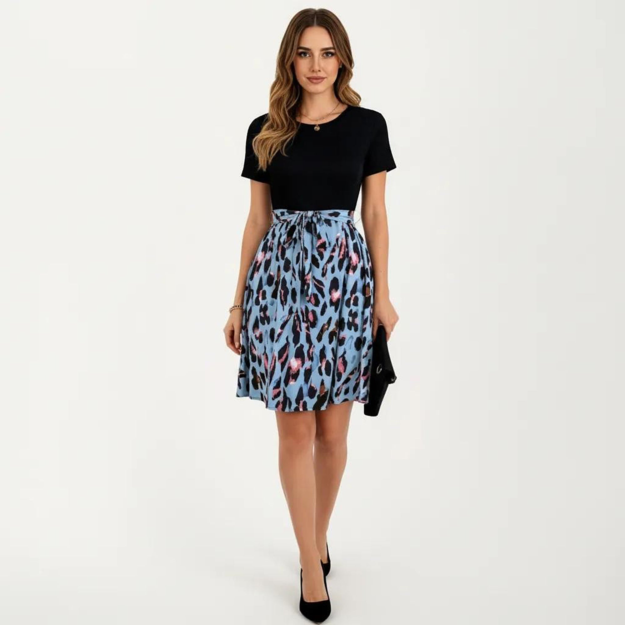 Anna-Kaci Women's Short Sleeve Mixed Media Dress with Solid Knit Top Leopard Print Skirt Tie Waist
