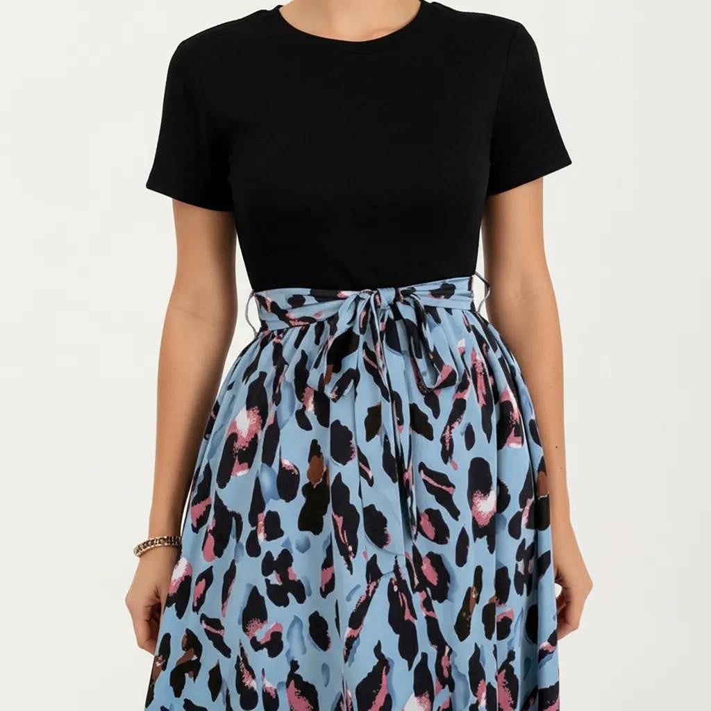 Anna-Kaci Women's Short Sleeve Mixed Media Dress with Solid Knit Top Leopard Print Skirt Tie Waist