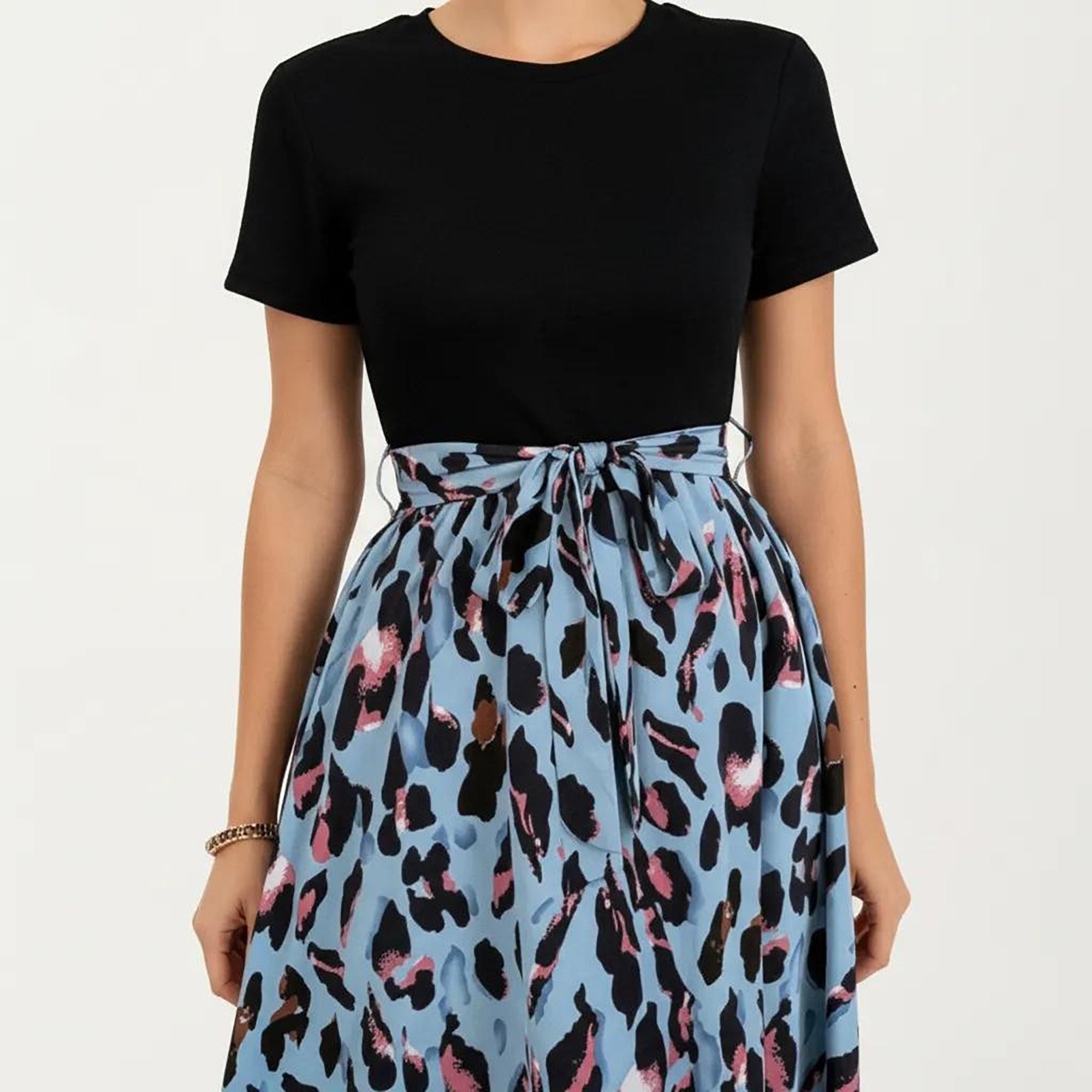 Anna-Kaci Women's Short Sleeve Mixed Media Dress with Solid Knit Top Leopard Print Skirt Tie Waist