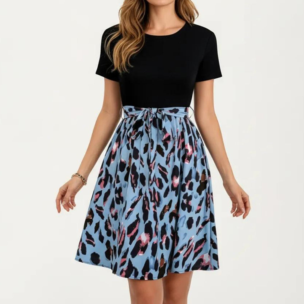 Anna-Kaci Women's Short Sleeve Mixed Media Dress with Solid Knit Top Leopard Print Skirt Tie Waist