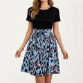 Anna-Kaci Women's Short Sleeve Mixed Media Dress with Solid Knit Top Leopard Print Skirt Tie Waist