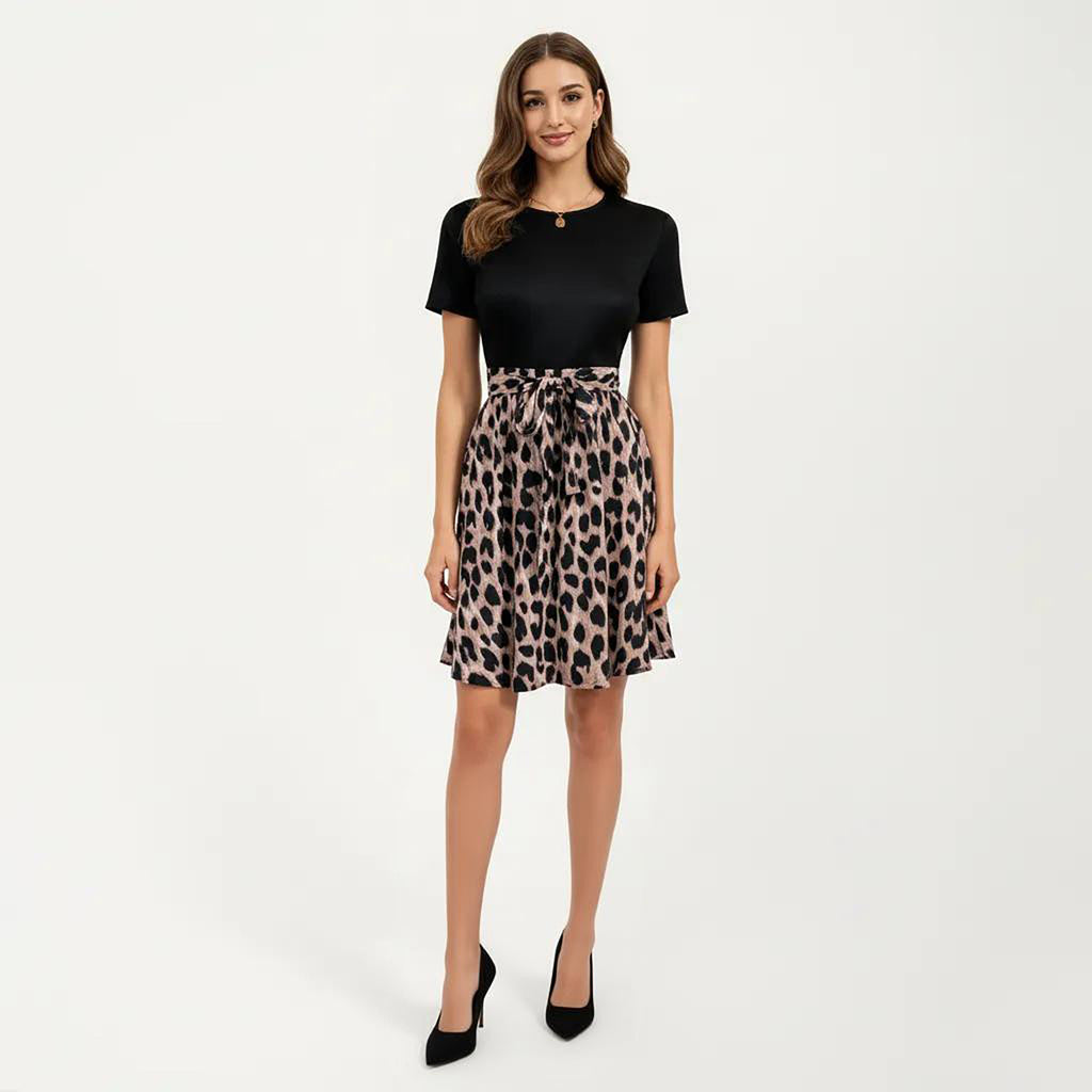 Anna-Kaci Women's Short Sleeve Mixed Media Dress with Solid Knit Top Leopard Print Skirt Tie Waist