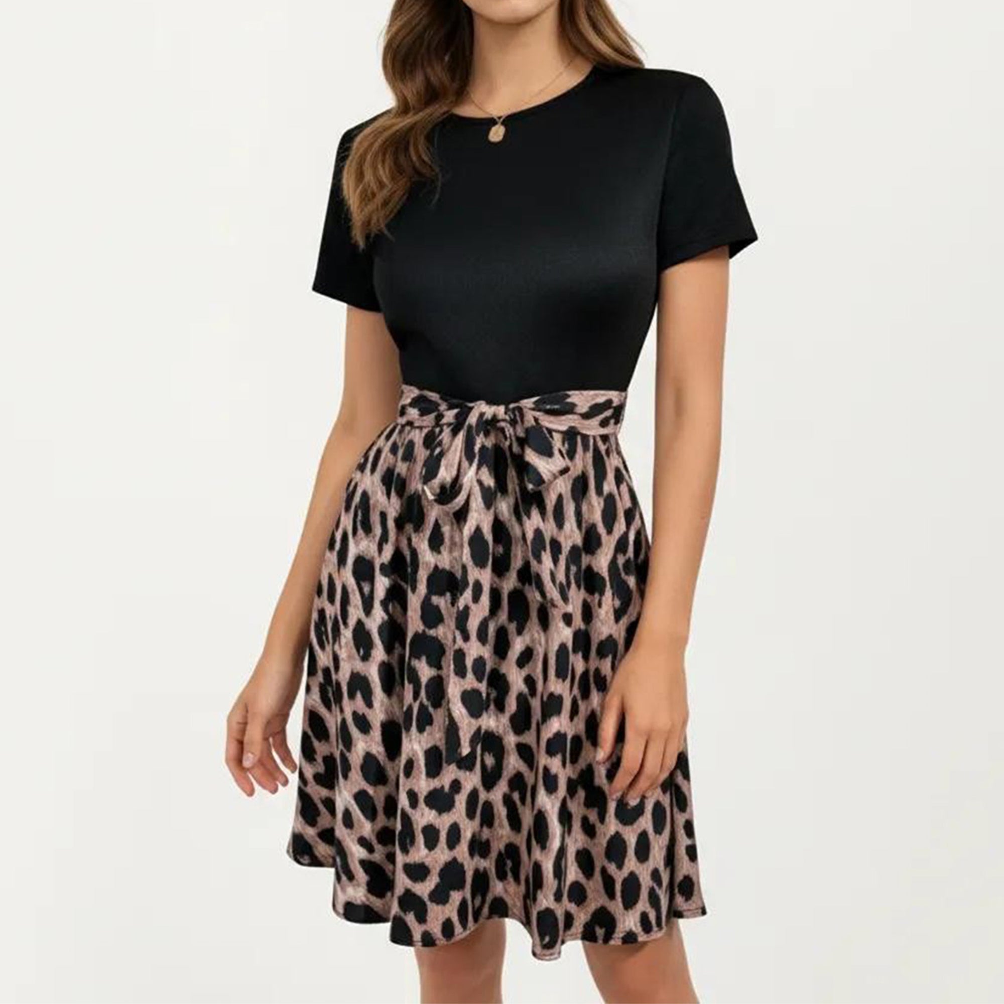 Anna-Kaci Women's Short Sleeve Mixed Media Dress with Solid Knit Top Leopard Print Skirt Tie Waist