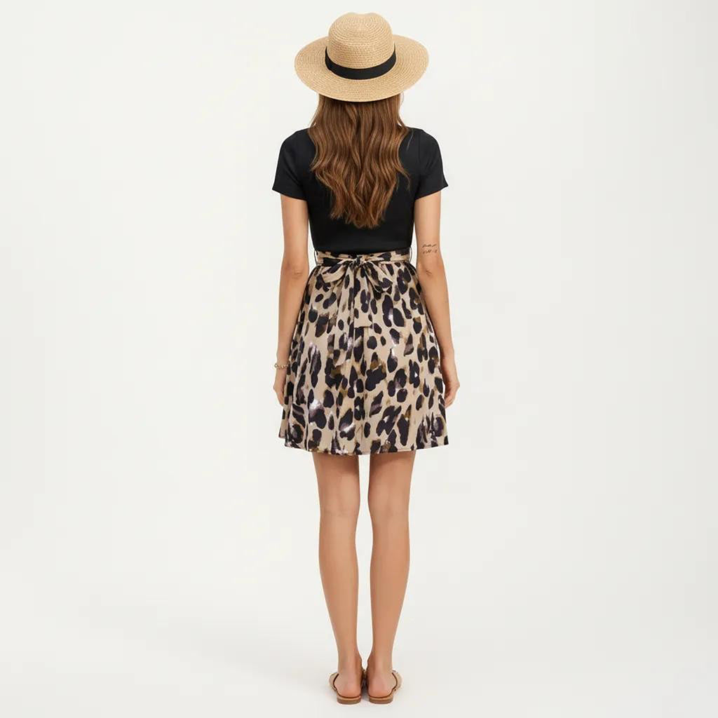 Anna-Kaci Women's Short Sleeve Mixed Media Dress with Solid Knit Top Leopard Print Skirt Tie Waist