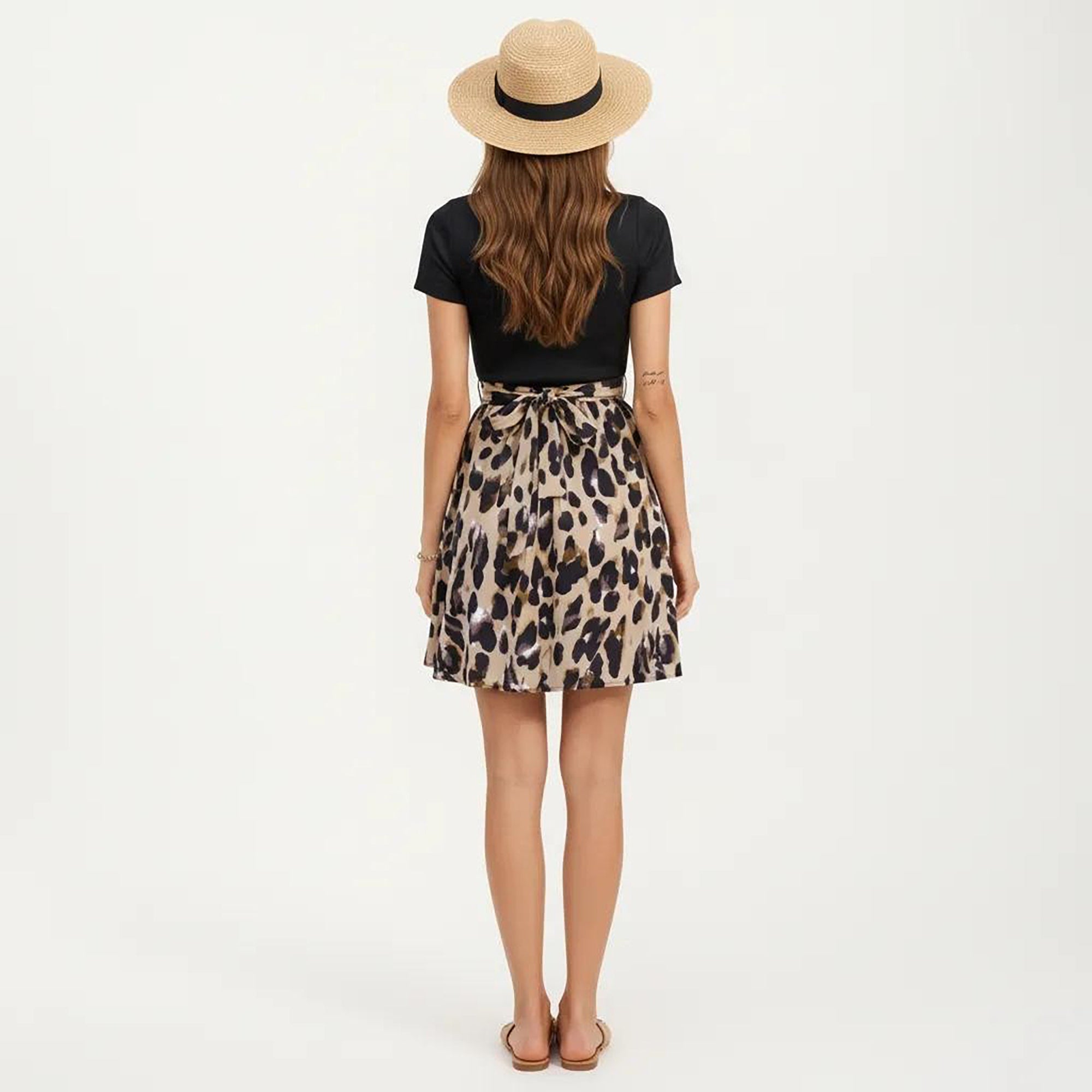 Anna-Kaci Women's Short Sleeve Mixed Media Dress with Solid Knit Top Leopard Print Skirt Tie Waist