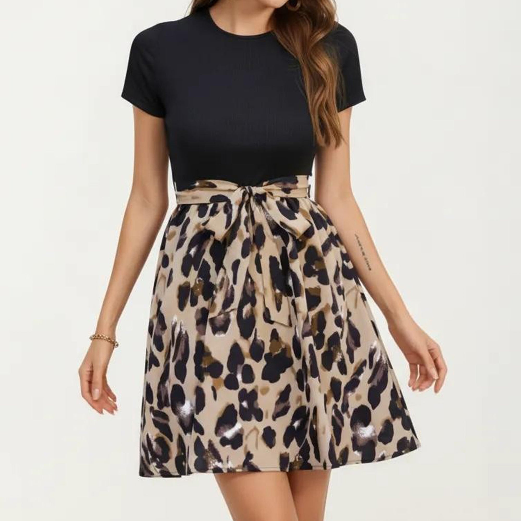 Anna-Kaci Women's Short Sleeve Mixed Media Dress with Solid Knit Top Leopard Print Skirt Tie Waist