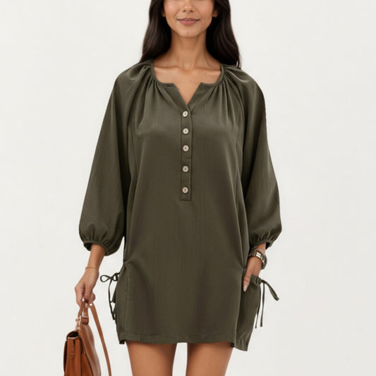 Anna-Kaci Women's Long Sleeve Button Front Tunic Dress with Adjustable Side Ties and Relaxed Fit