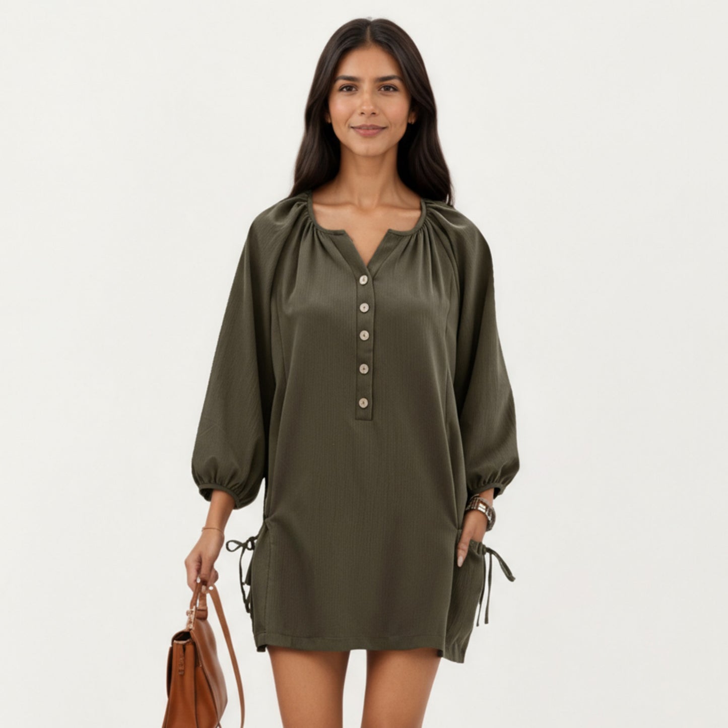 Anna-Kaci Women's Long Sleeve Button Front Tunic Dress with Adjustable Side Ties and Relaxed Fit