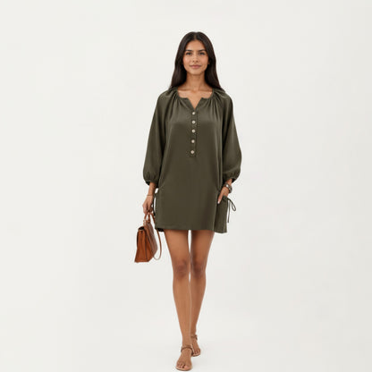 Anna-Kaci Women's Long Sleeve Button Front Tunic Dress with Adjustable Side Ties and Relaxed Fit