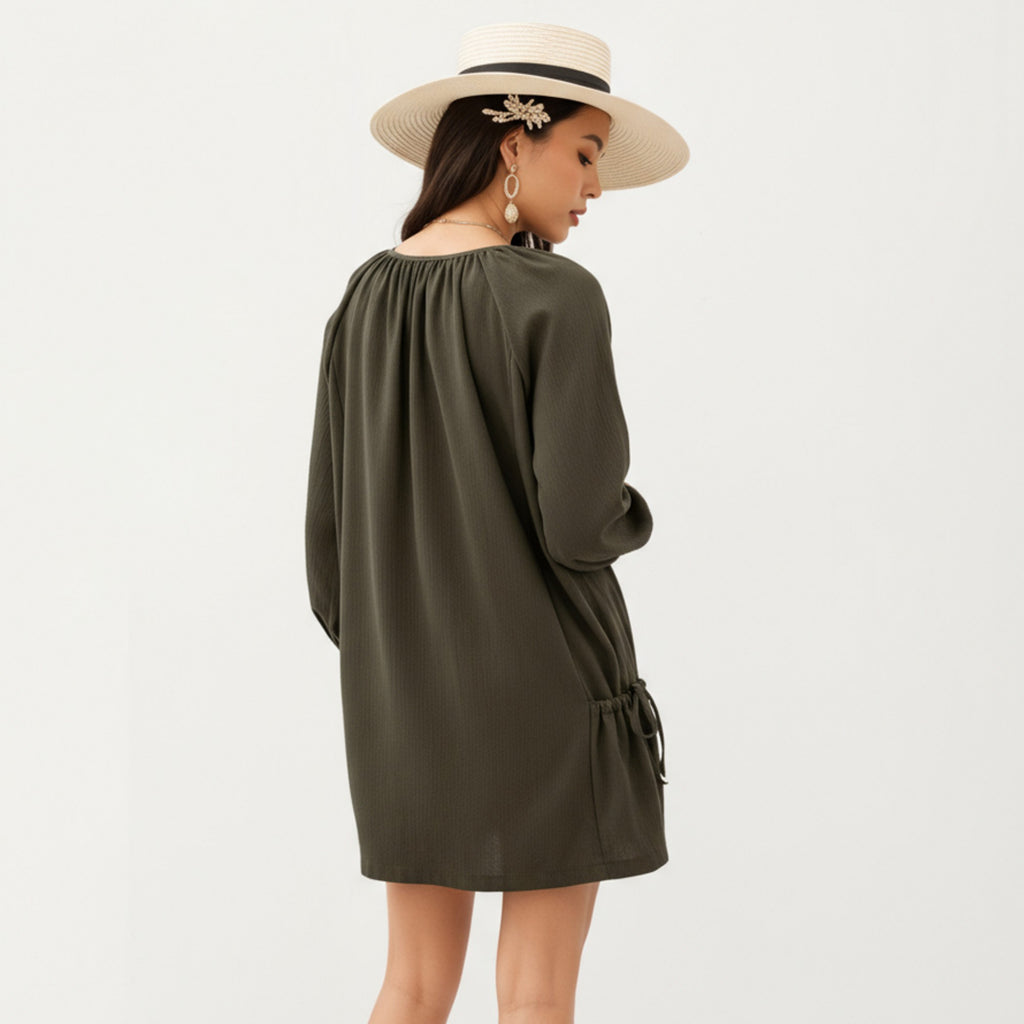 Anna-Kaci Women's Long Sleeve Button Front Tunic Dress with Adjustable Side Ties and Relaxed Fit