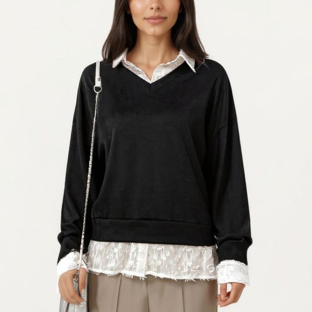 Anna-Kaci Women's Layered V-Neck Pullover Top with Sheer Lace Trim and Collared Blouse Detail