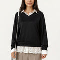 Anna-Kaci Women's Layered V-Neck Pullover Top with Sheer Lace Trim and Collared Blouse Detail