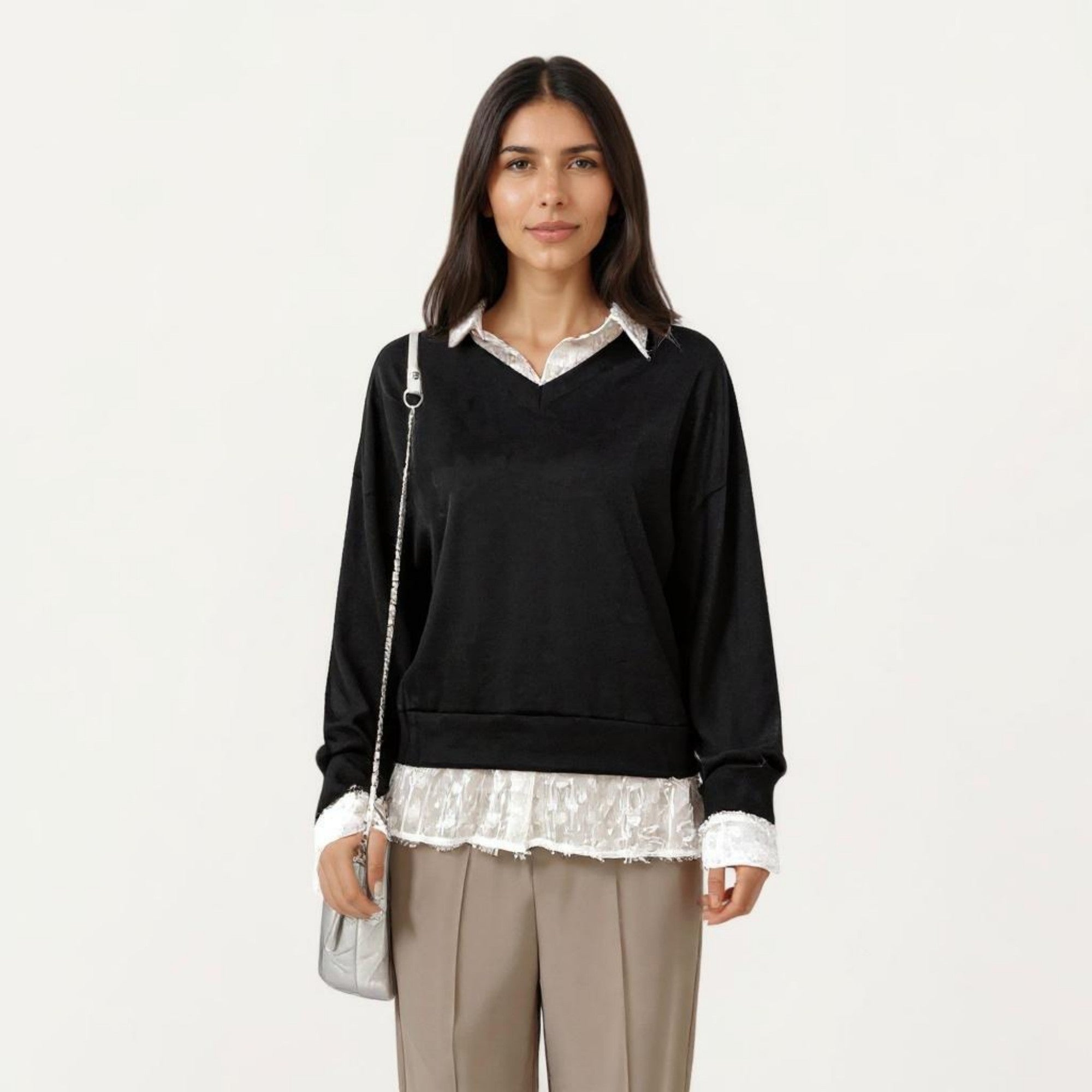 Anna-Kaci Women's Layered V-Neck Pullover Top with Sheer Lace Trim and Collared Blouse Detail