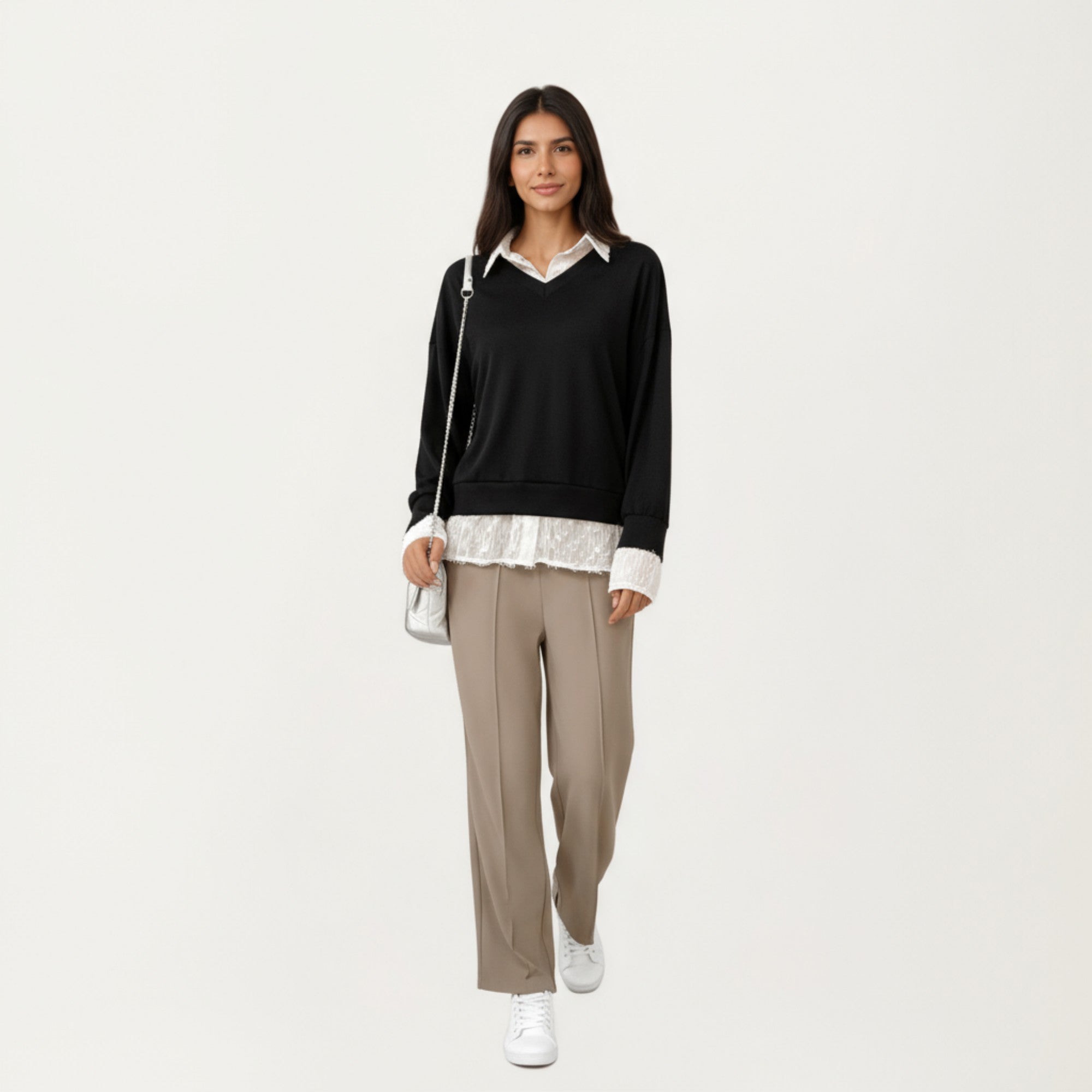 Anna-Kaci Women's Layered V-Neck Pullover Top with Sheer Lace Trim and Collared Blouse Detail