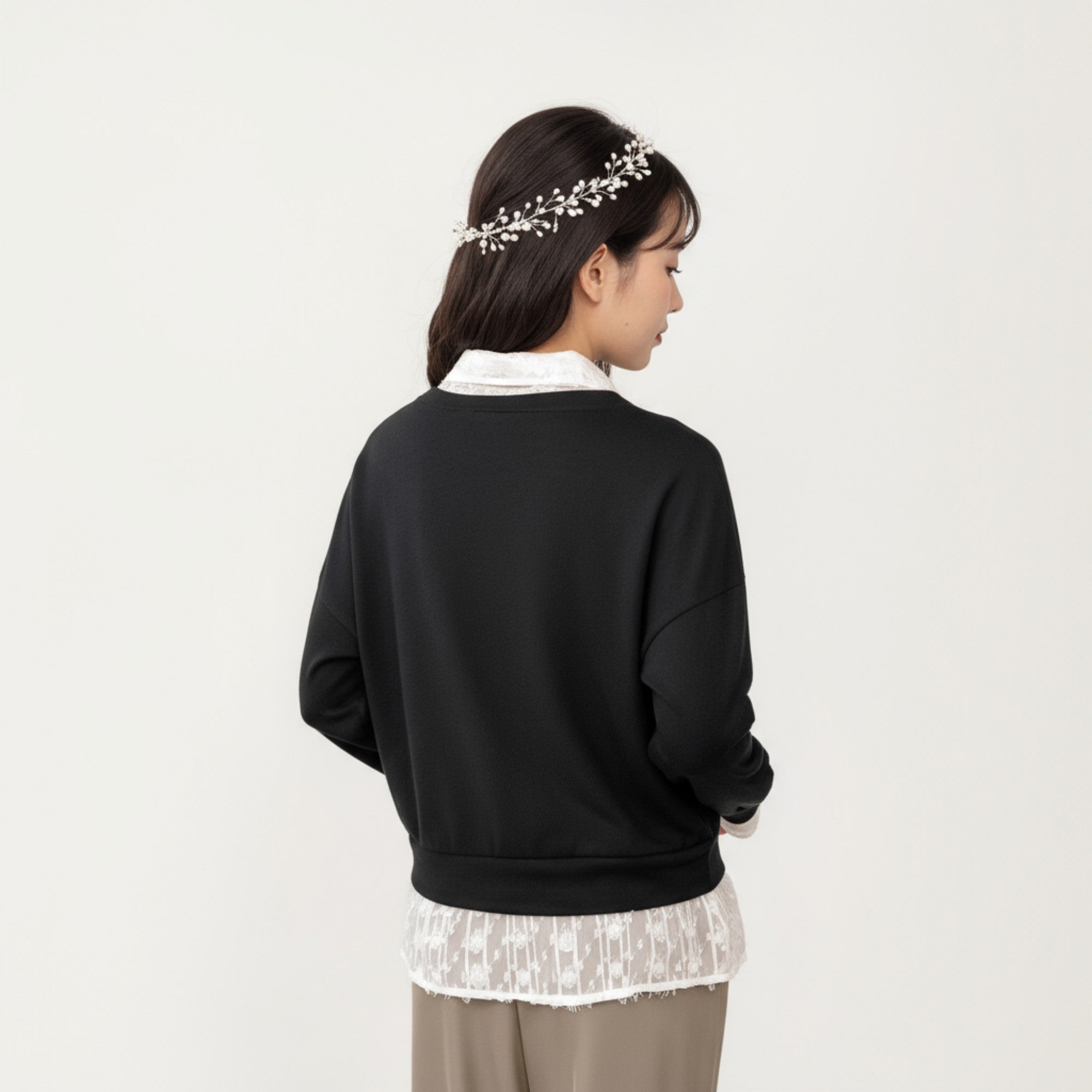 Anna-Kaci Women's Layered V-Neck Pullover Top with Sheer Lace Trim and Collared Blouse Detail