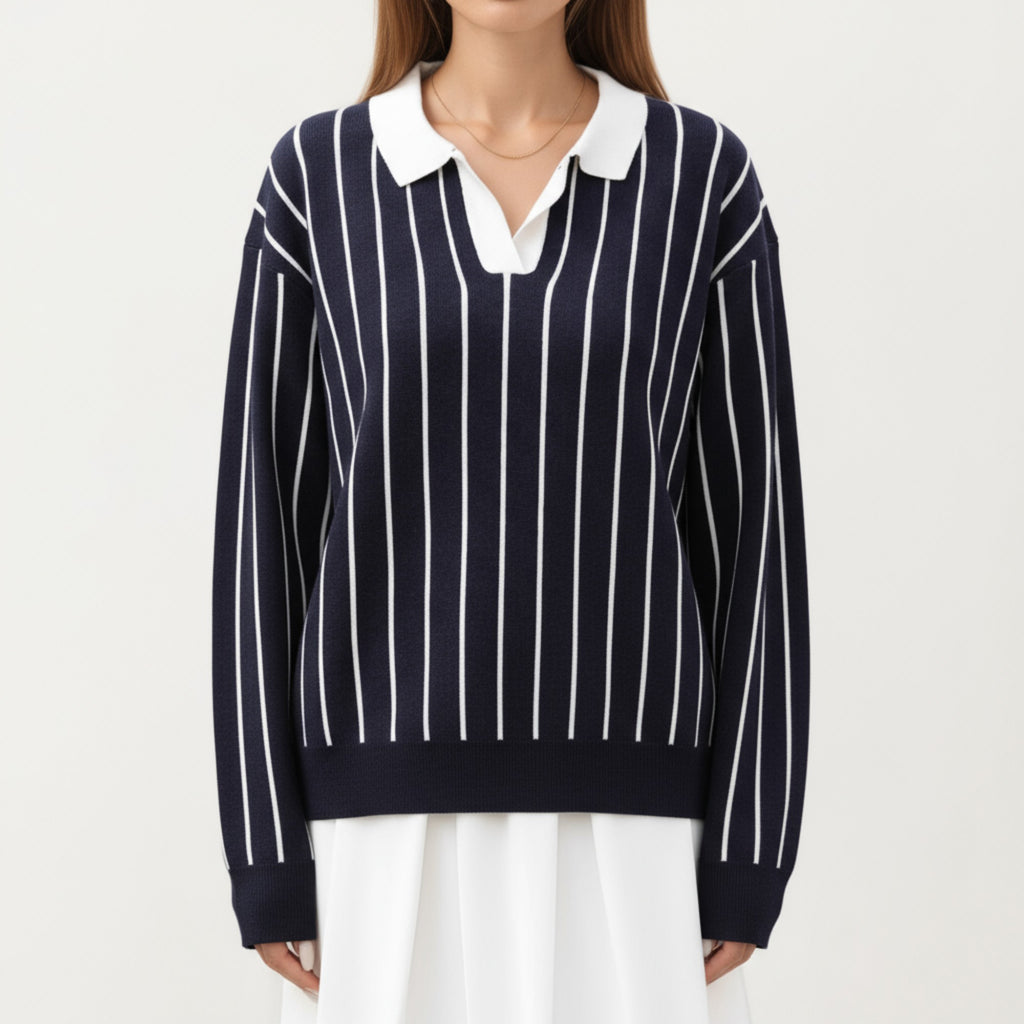 Anna-Kaci Women's Striped Collared Knit Pullover with Long Sleeves and Split Neckline