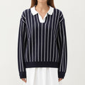 Anna-Kaci Women's Striped Collared Knit Pullover with Long Sleeves and Split Neckline