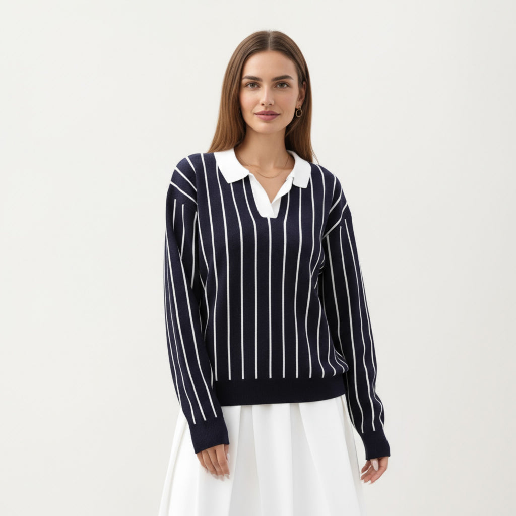Anna-Kaci Women's Striped Collared Knit Pullover with Long Sleeves and Split Neckline