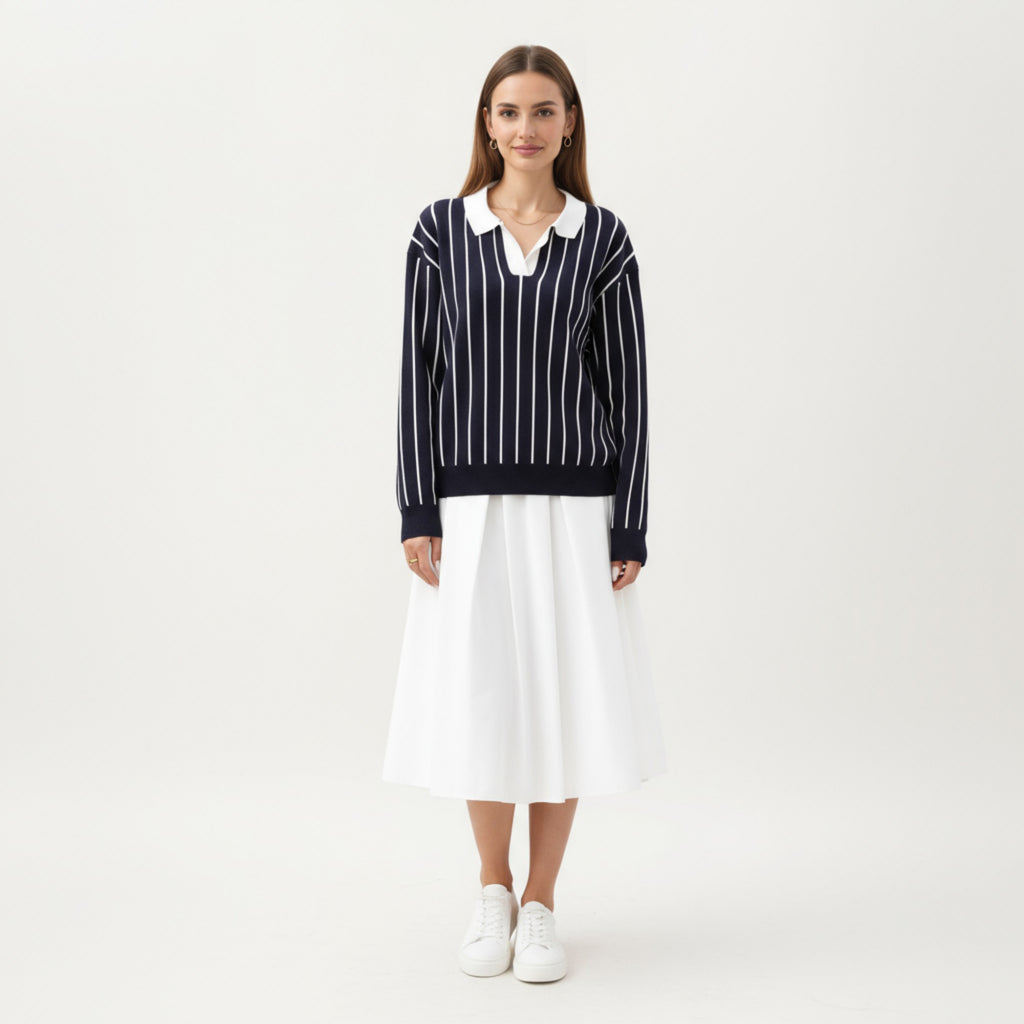 Anna-Kaci Women's Striped Collared Knit Pullover with Long Sleeves and Split Neckline