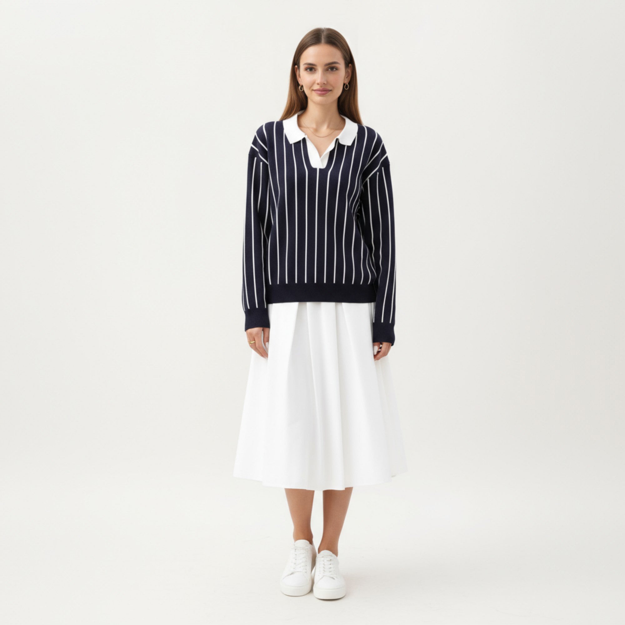 Anna-Kaci Women's Striped Collared Knit Pullover with Long Sleeves and Split Neckline
