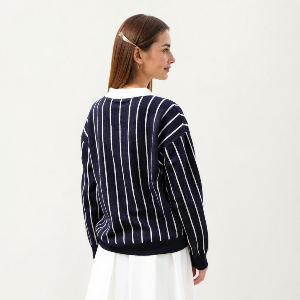 Anna-Kaci Women's Striped Collared Knit Pullover with Long Sleeves and Split Neckline