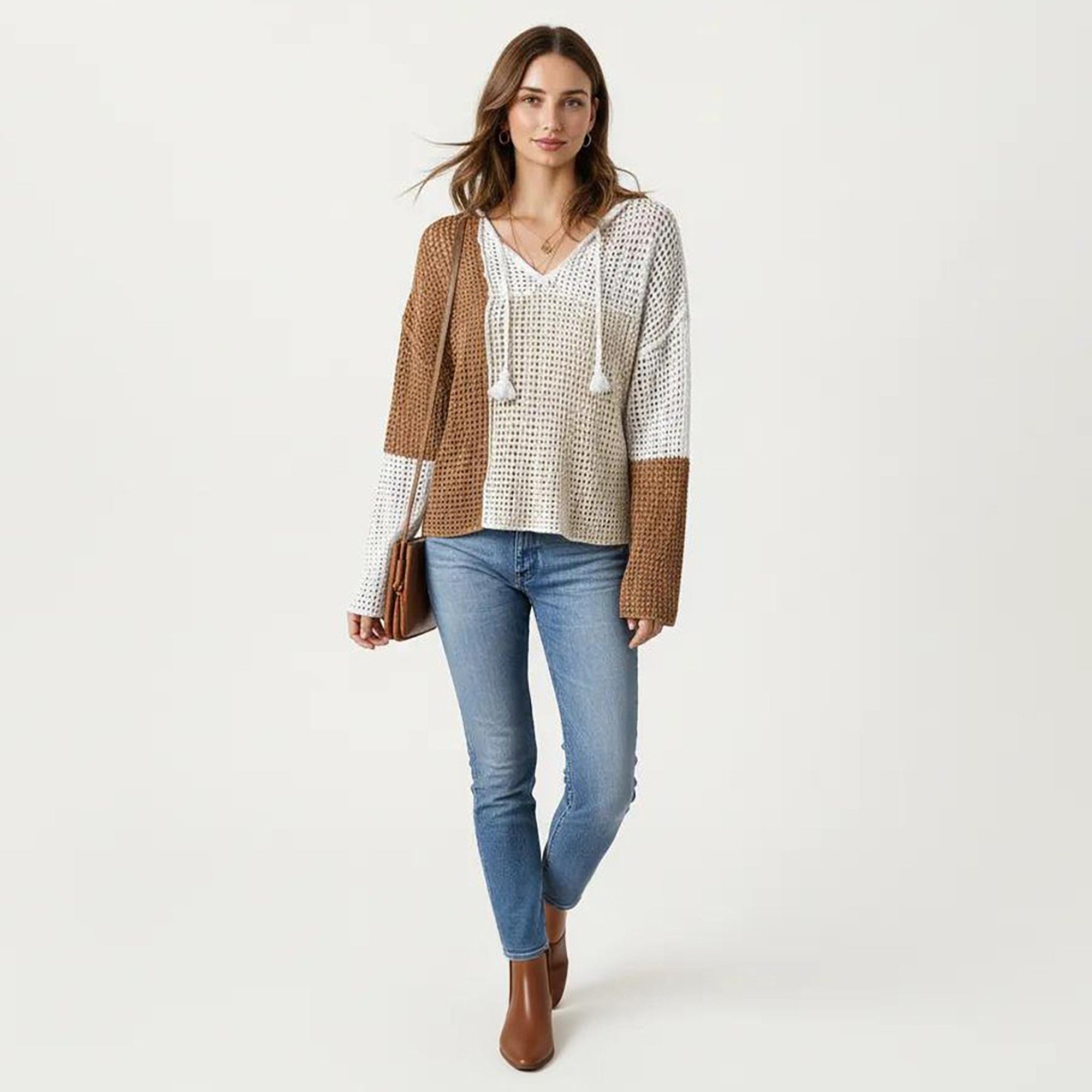 Anna-Kaci Women's Long Sleeve Knit Hoodie Top with Color Block Design V Neck Drawstring Hood