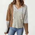Anna-Kaci Women's Long Sleeve Knit Hoodie Top with Color Block Design V Neck Drawstring Hood