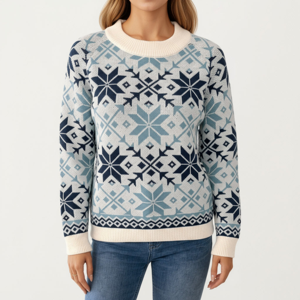 Anna-Kaci Women's Snowflake Pattern Knit Sweater with Ribbed Crew Neck and Long Sleeves