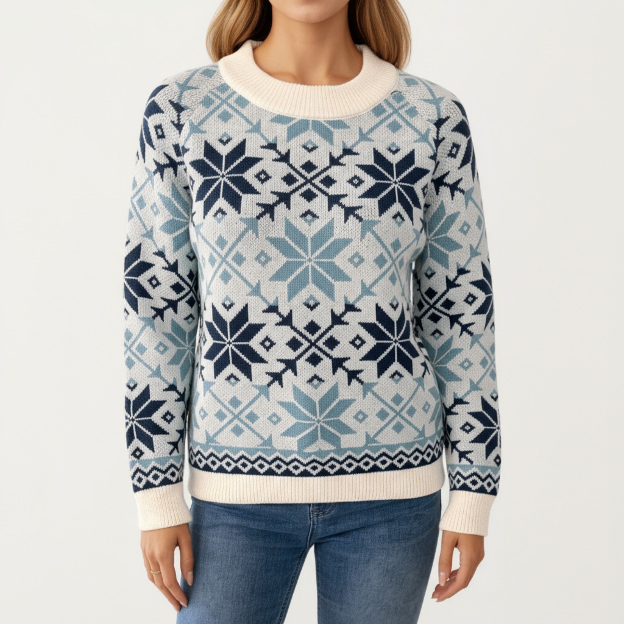 Anna-Kaci Women's Snowflake Pattern Knit Sweater with Ribbed Crew Neck and Long Sleeves