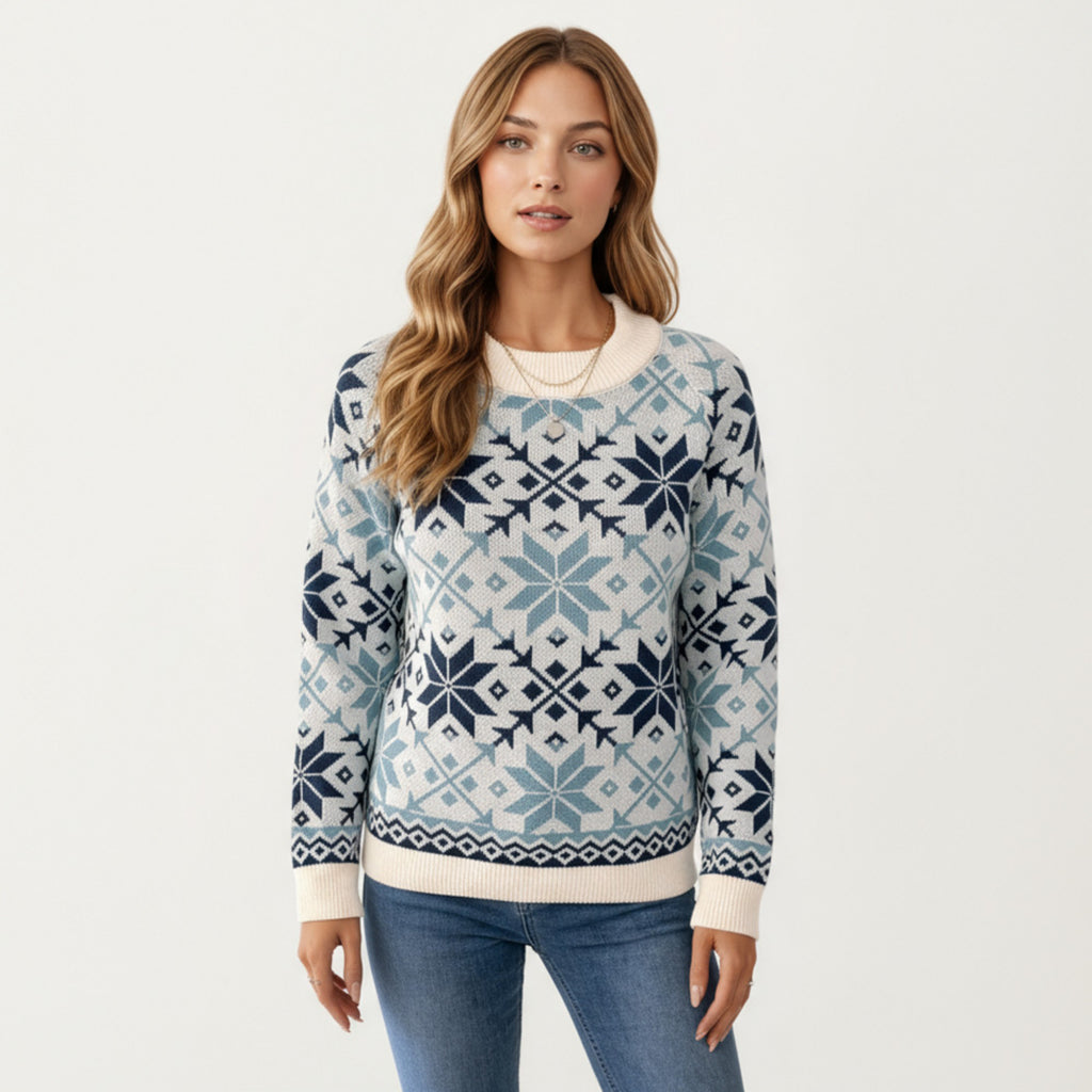 Anna-Kaci Women's Snowflake Pattern Knit Sweater with Ribbed Crew Neck and Long Sleeves