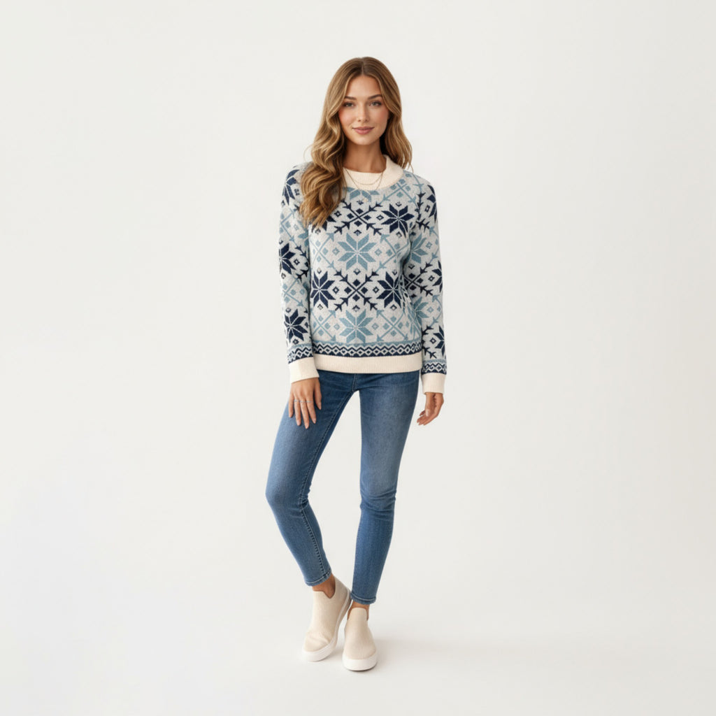 Anna-Kaci Women's Snowflake Pattern Knit Sweater with Ribbed Crew Neck and Long Sleeves