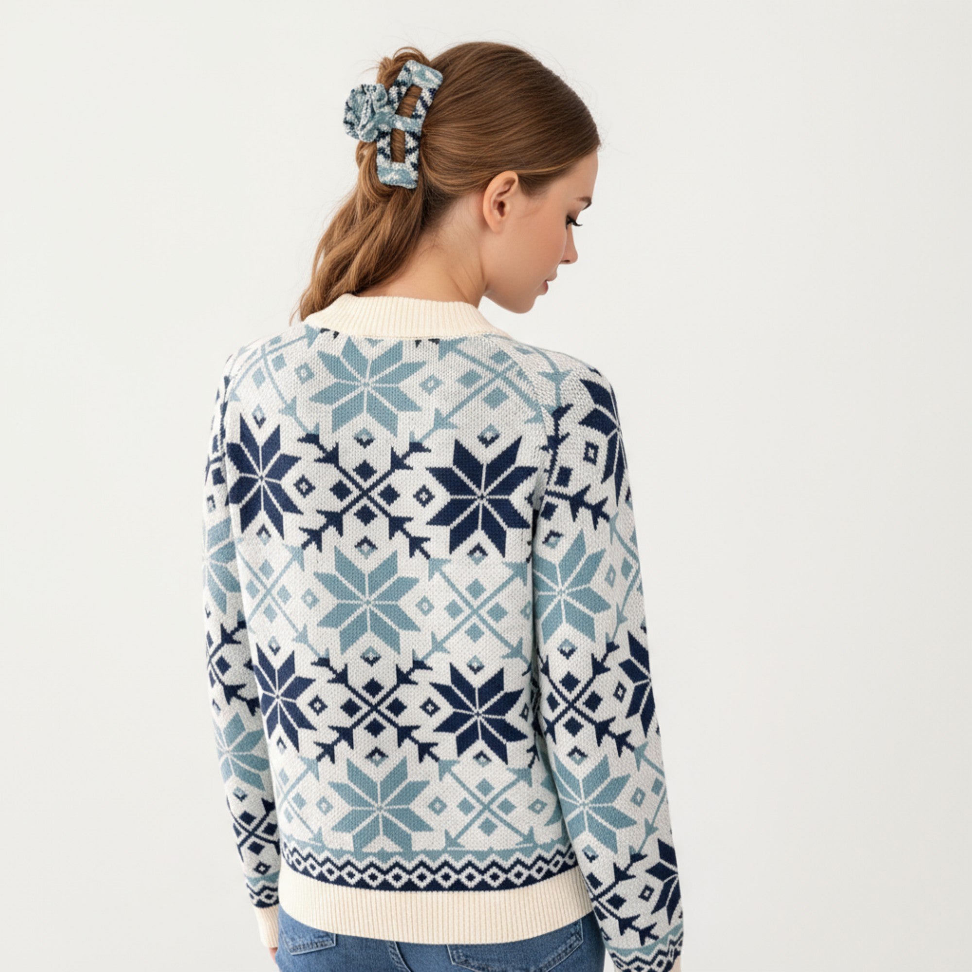 Anna-Kaci Women's Snowflake Pattern Knit Sweater with Ribbed Crew Neck and Long Sleeves