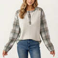 Anna-Kaci Women's Plaid Long Sleeve Henley Top with Textured Knit Front and Button Detail