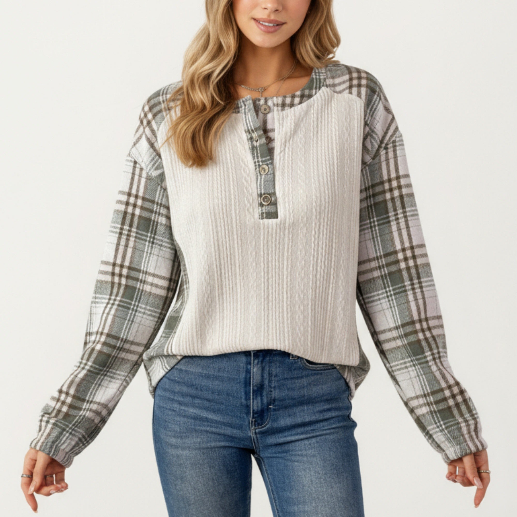 Anna-Kaci Women's Plaid Long Sleeve Henley Top with Textured Knit Front and Button Detail