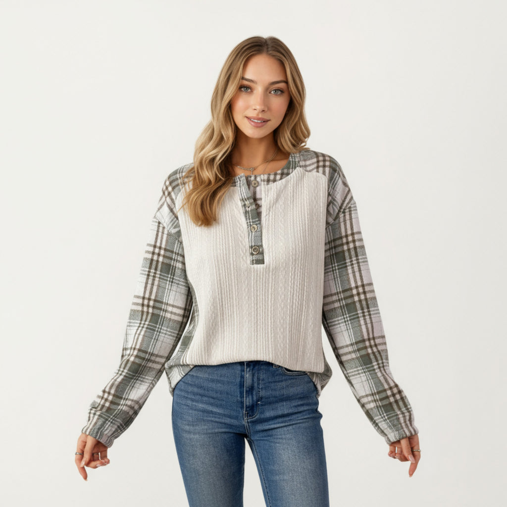 Anna-Kaci Women's Plaid Long Sleeve Henley Top with Textured Knit Front and Button Detail