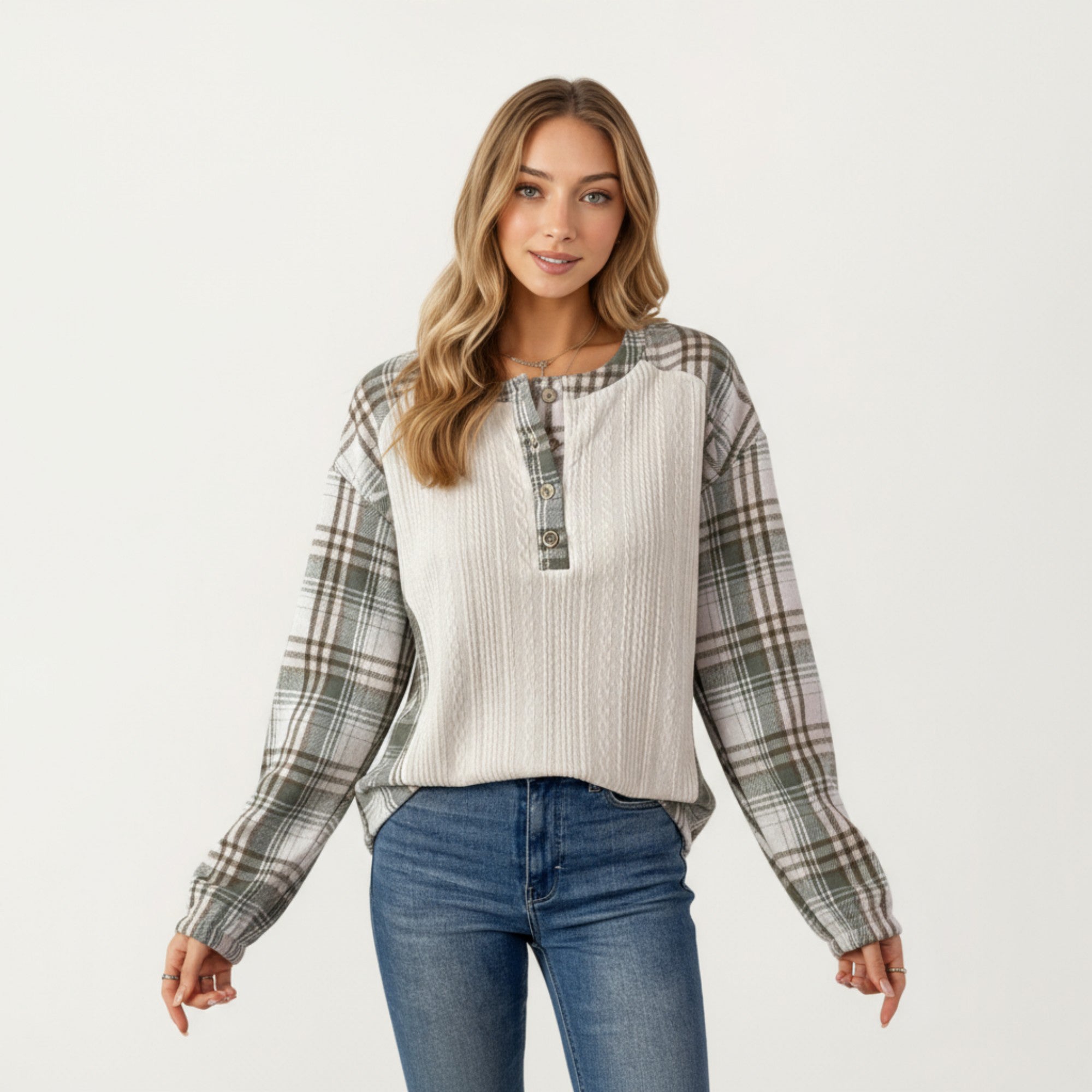 Anna-Kaci Women's Plaid Long Sleeve Henley Top with Textured Knit Front and Button Detail