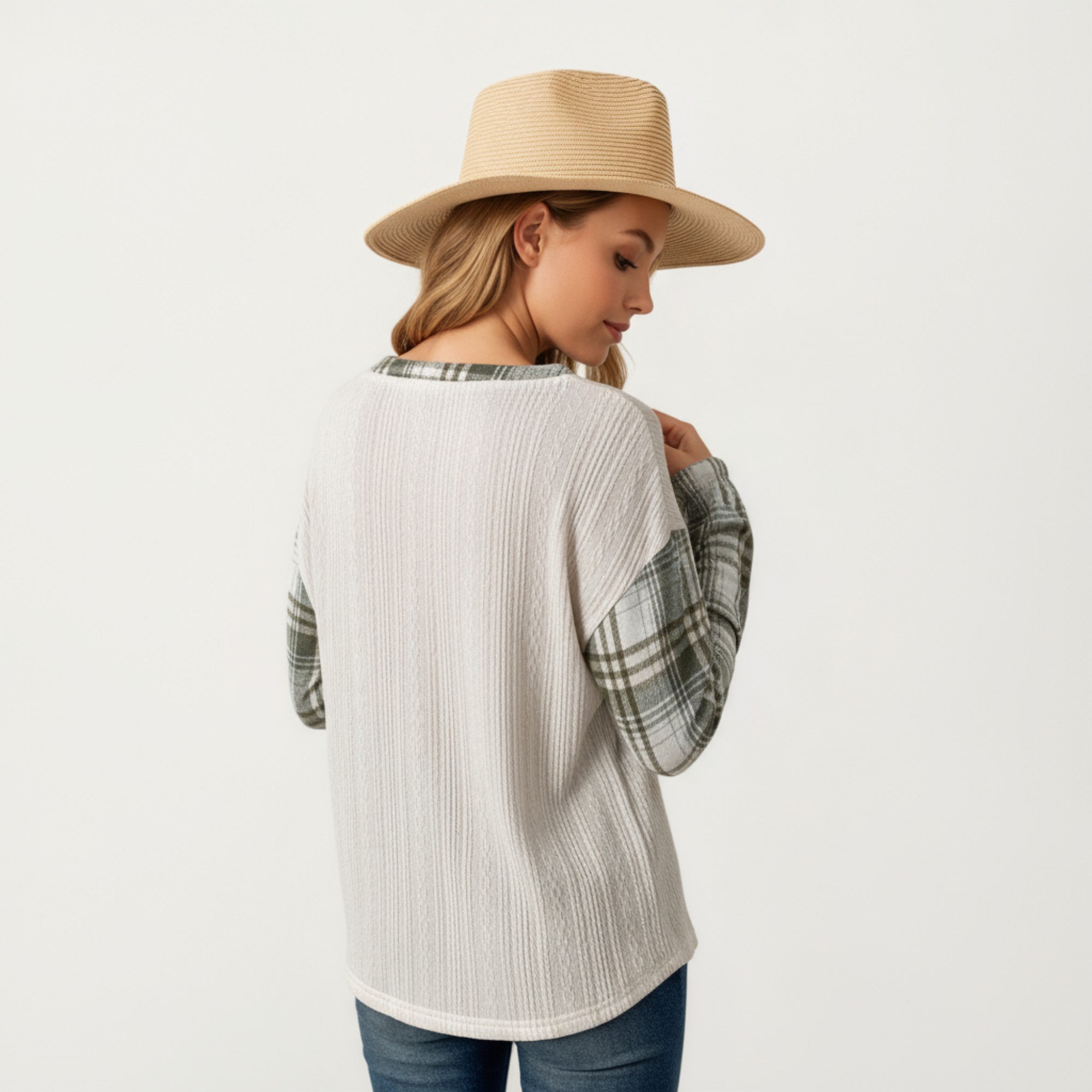 Anna-Kaci Women's Plaid Long Sleeve Henley Top with Textured Knit Front and Button Detail