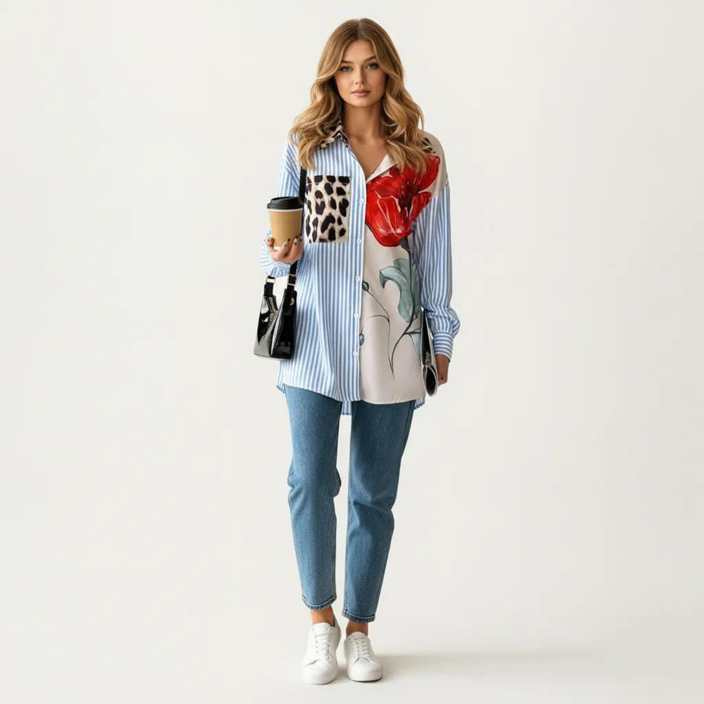 Anna-Kaci Women's Long Sleeve Button Down Shirt with Mixed Print Design Stripe Panel Relaxed Fit