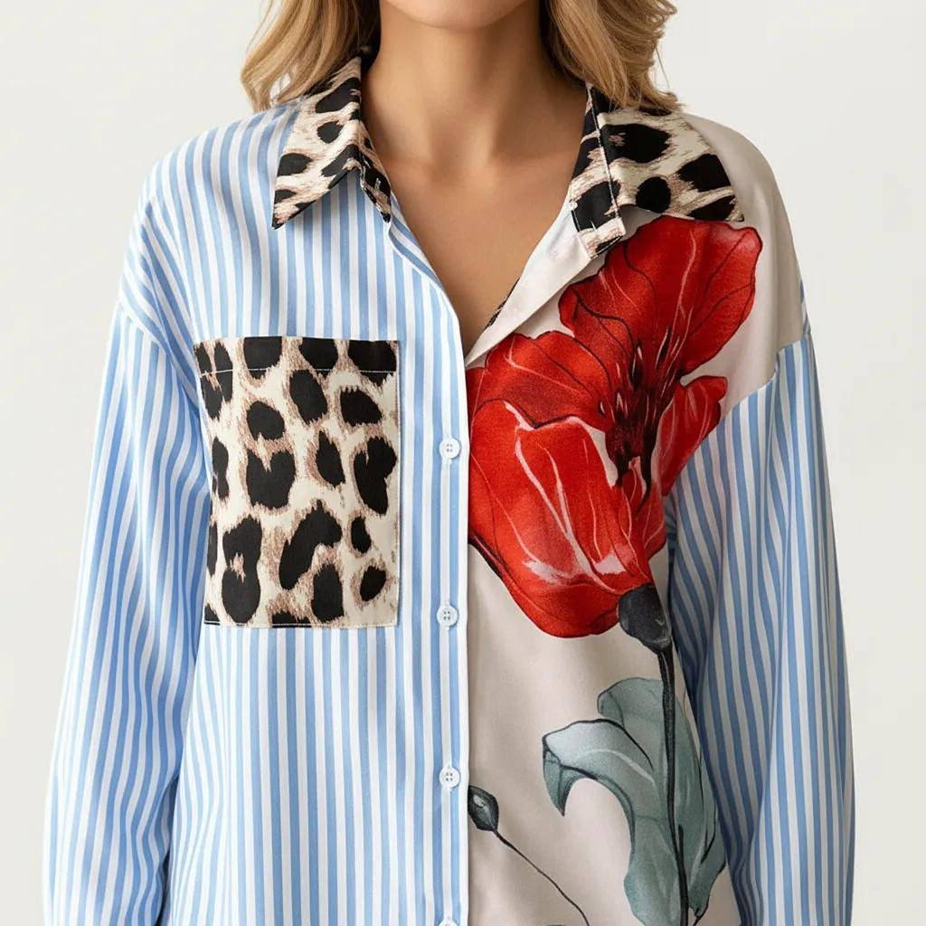 Anna-Kaci Women's Long Sleeve Button Down Shirt with Mixed Print Design Stripe Panel Relaxed Fit