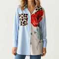 Anna-Kaci Women's Long Sleeve Button Down Shirt with Mixed Print Design Stripe Panel Relaxed Fit